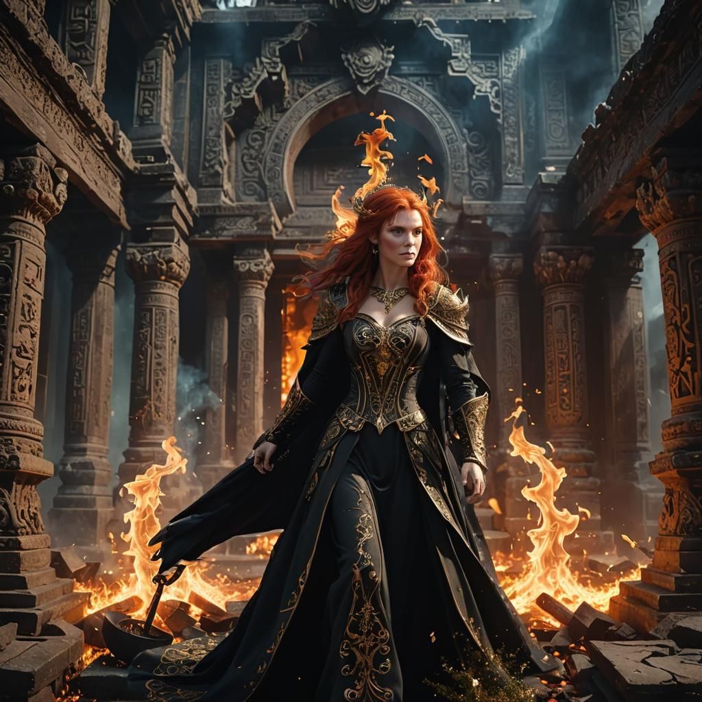 Red-Haired Sorceress in Black Gown: Fantasy Art