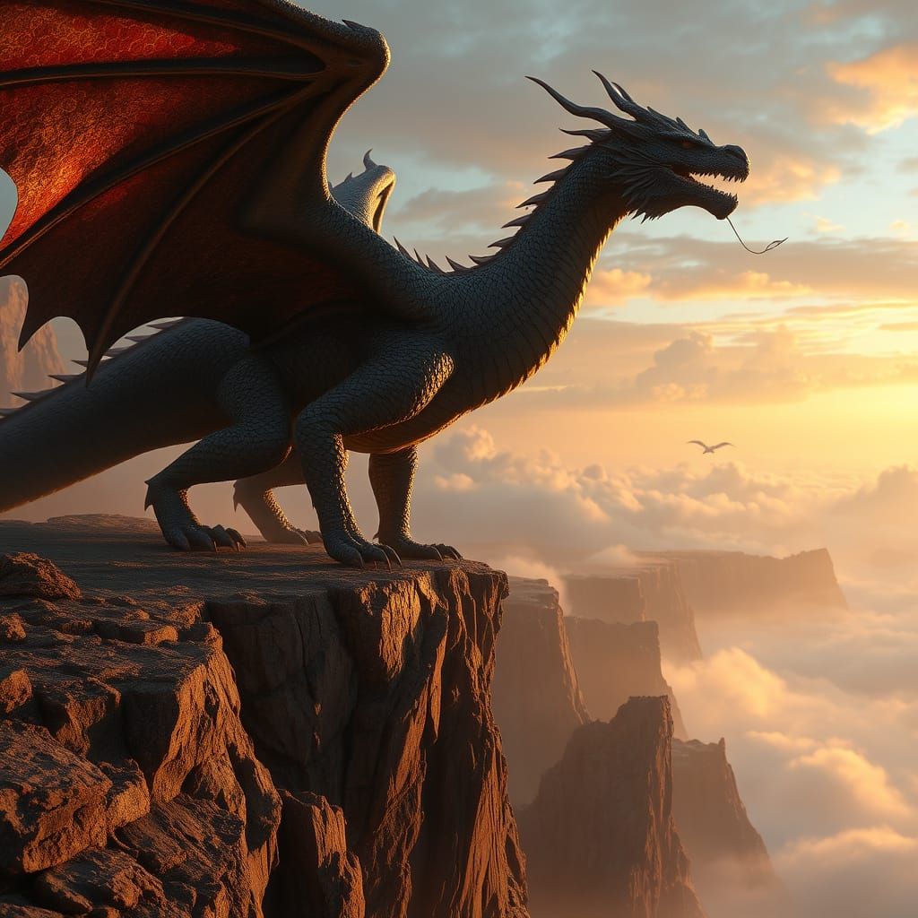 Majestic Dragon Dominates Windswept Cliff Landscape