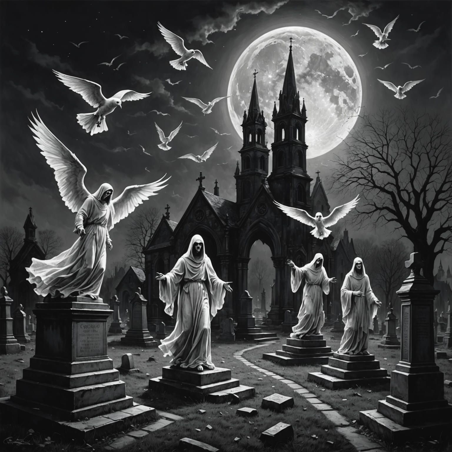 Ethereal Moonlit Figures Dance in Ancient Cemetery