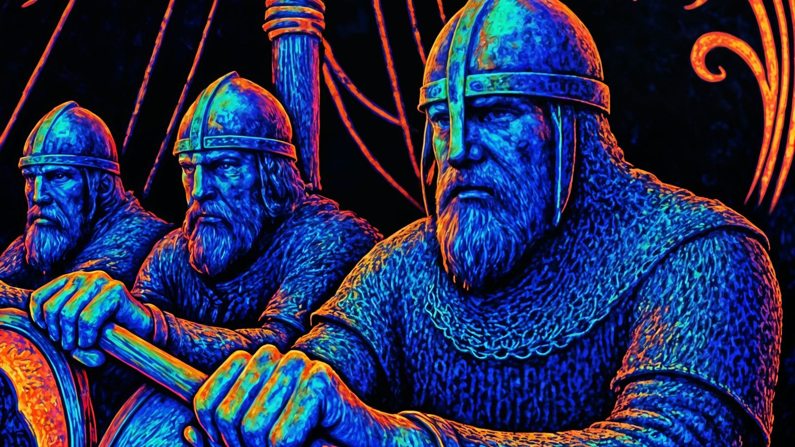 Vikings on Longship in Art Nouveau Style