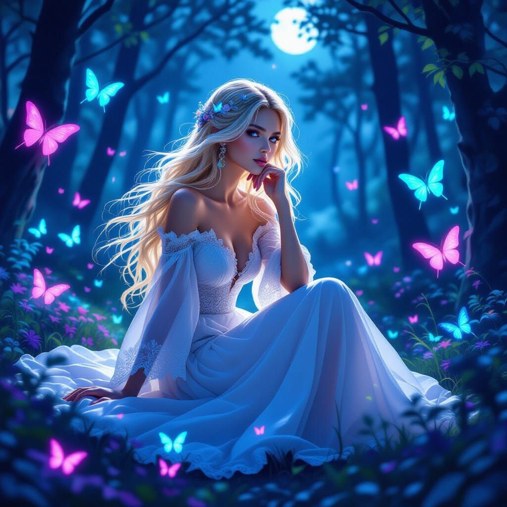 Ethereal Woman in Enchanted Forest, Digital Art