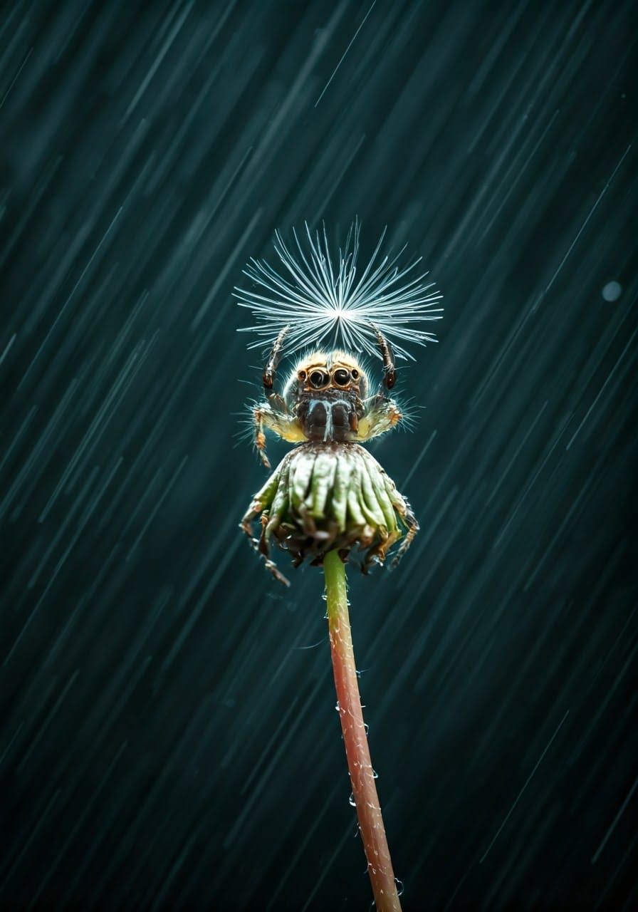 Spider Protects Dandelion in the Rain