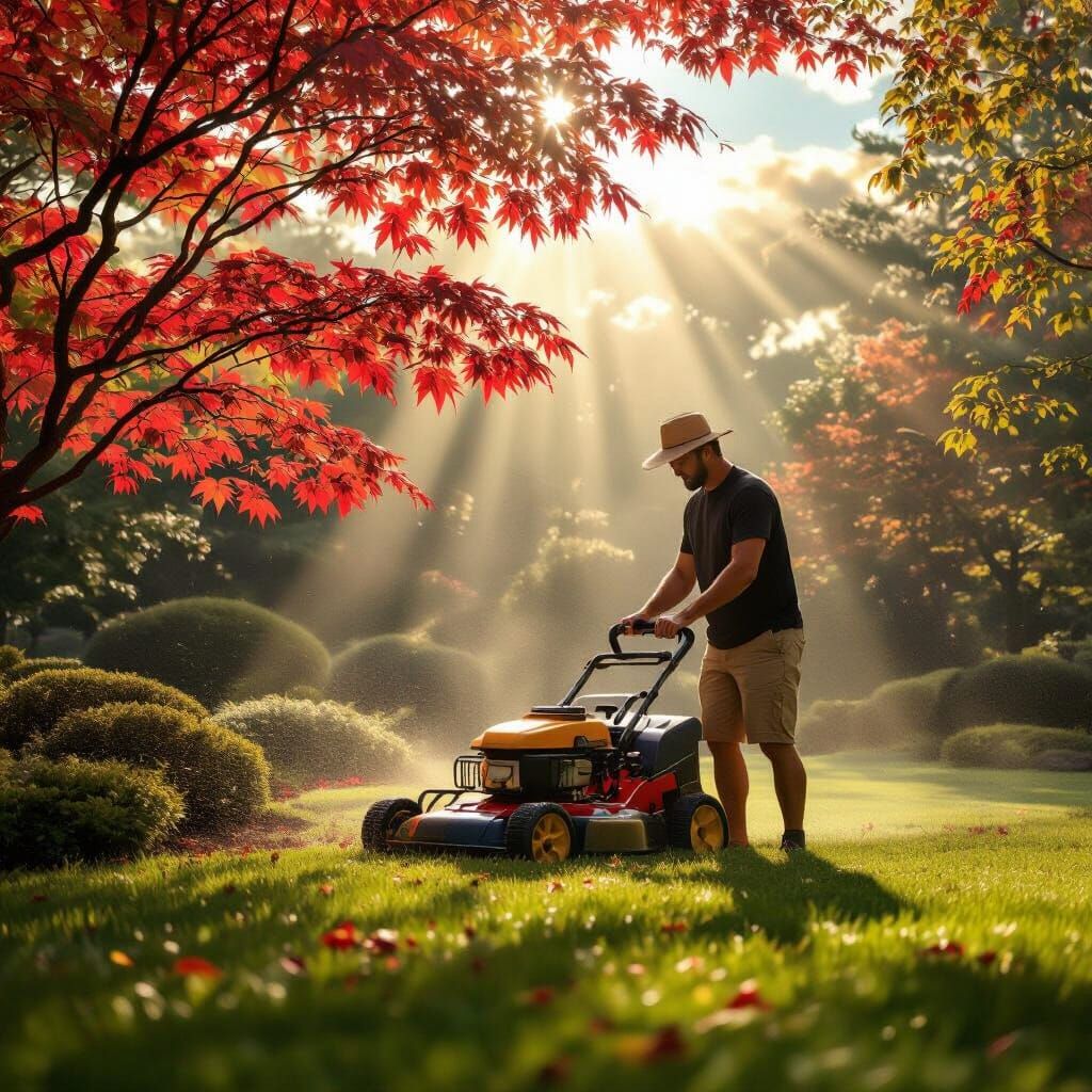 Man Mowing Lawn Under Divine Sunshine with Japanese Maples