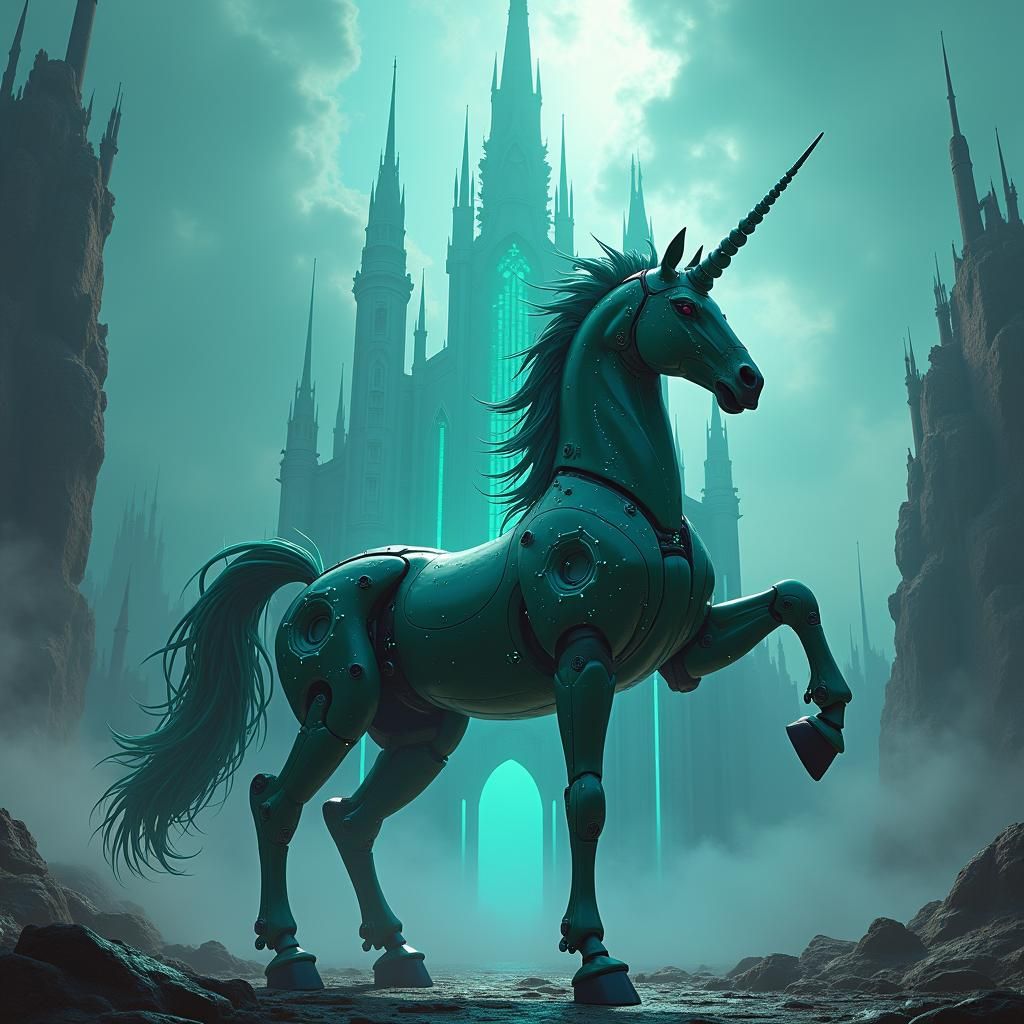 Robot Unicorn on Alien Planet, Cyberpunk Concept Art