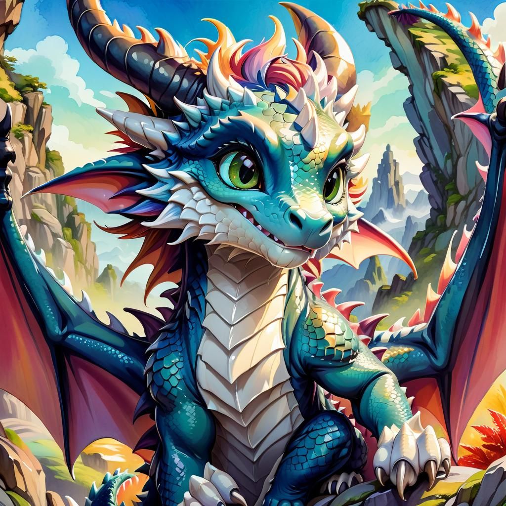 Adorable Anime Dragon Portrait in Watercolor Style