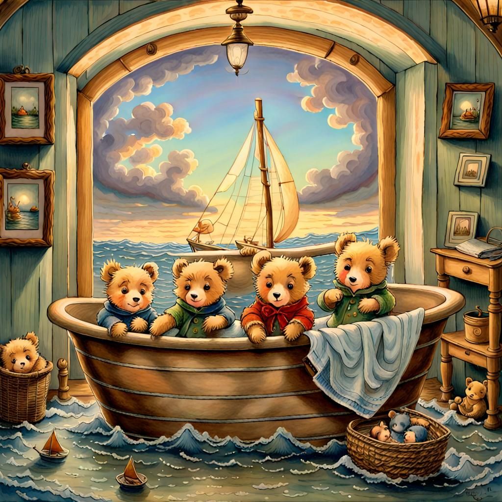 Rainbow Teddies' Sea Voyage: Soft Brush Illustration