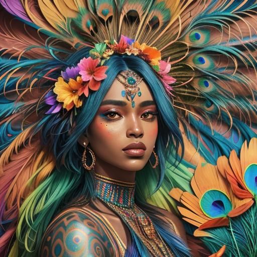 Abstract Woman with Peacock Feathers in Vibrant Colors