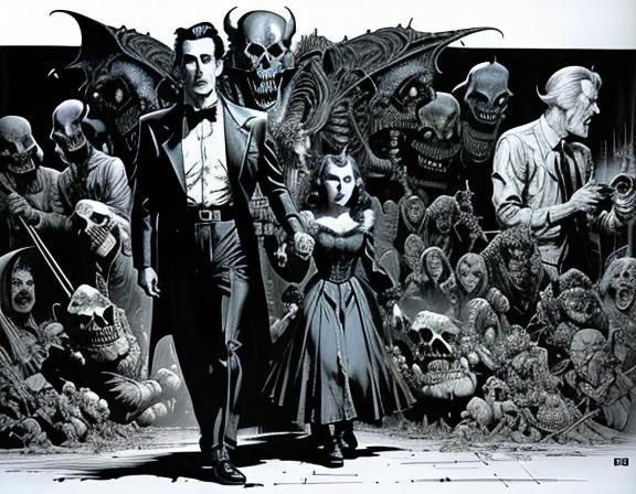 1950s Movie Monsters in Charcoal Drawing Style