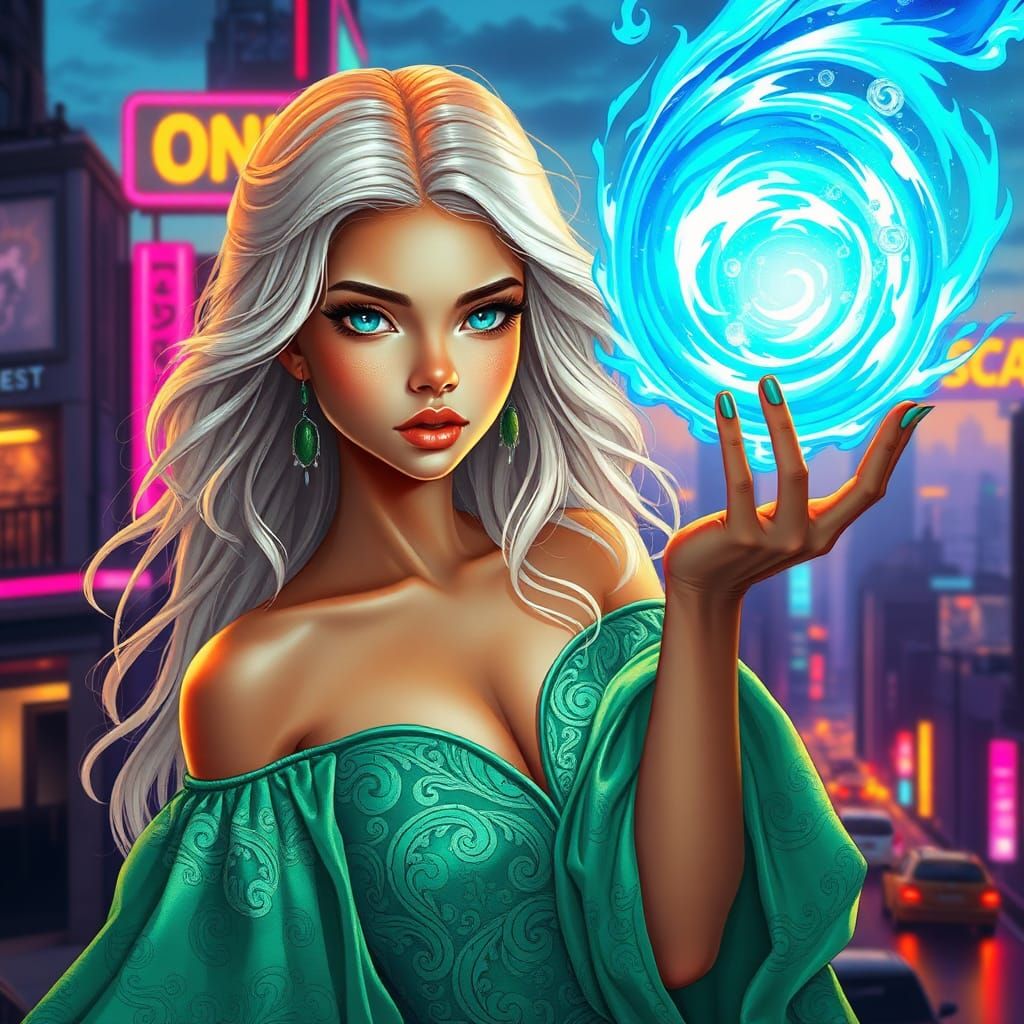 Radiant Girl with Blue Fire in Cyberpunk Cityscape