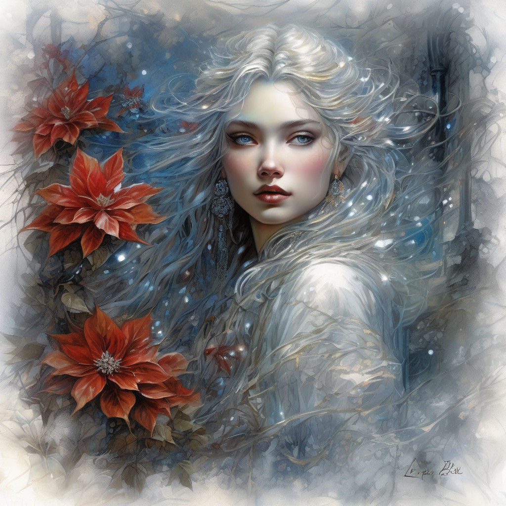 Enchanting Winter Queen on a Majestic White Wolf, Surrounded...