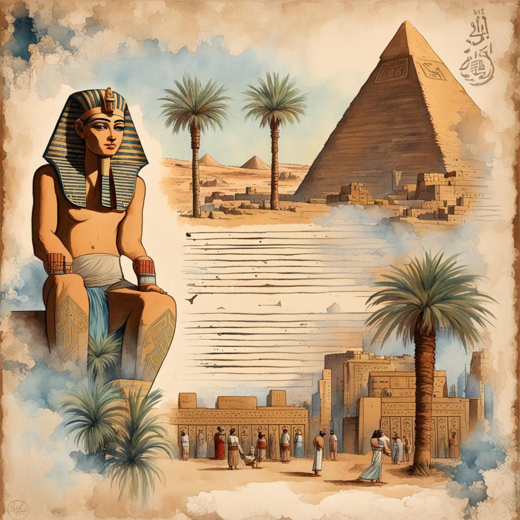 Vintage Egyptian Scene with Hieroglyphs in Watercolor Style