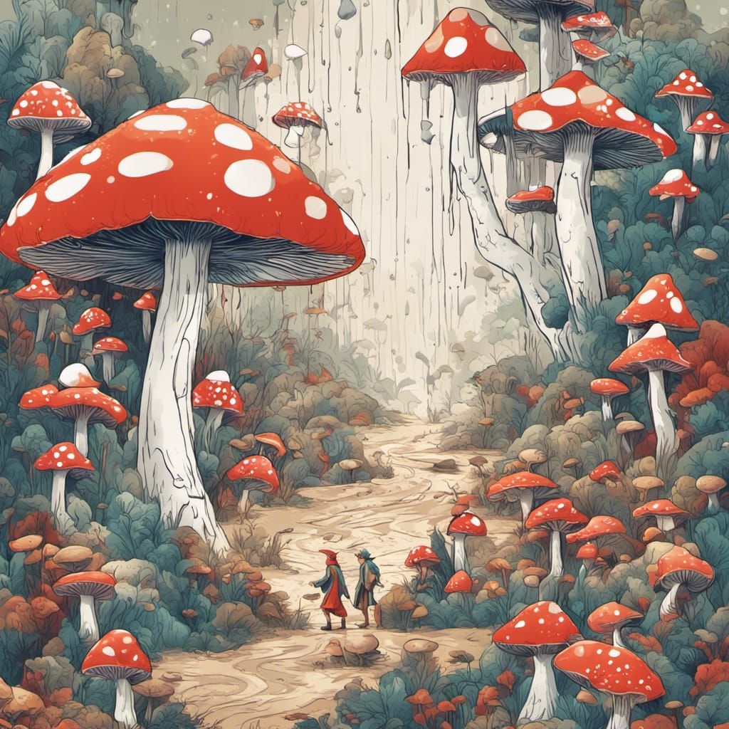 Elves and Mushrooms in a Vintage Vector Art Style