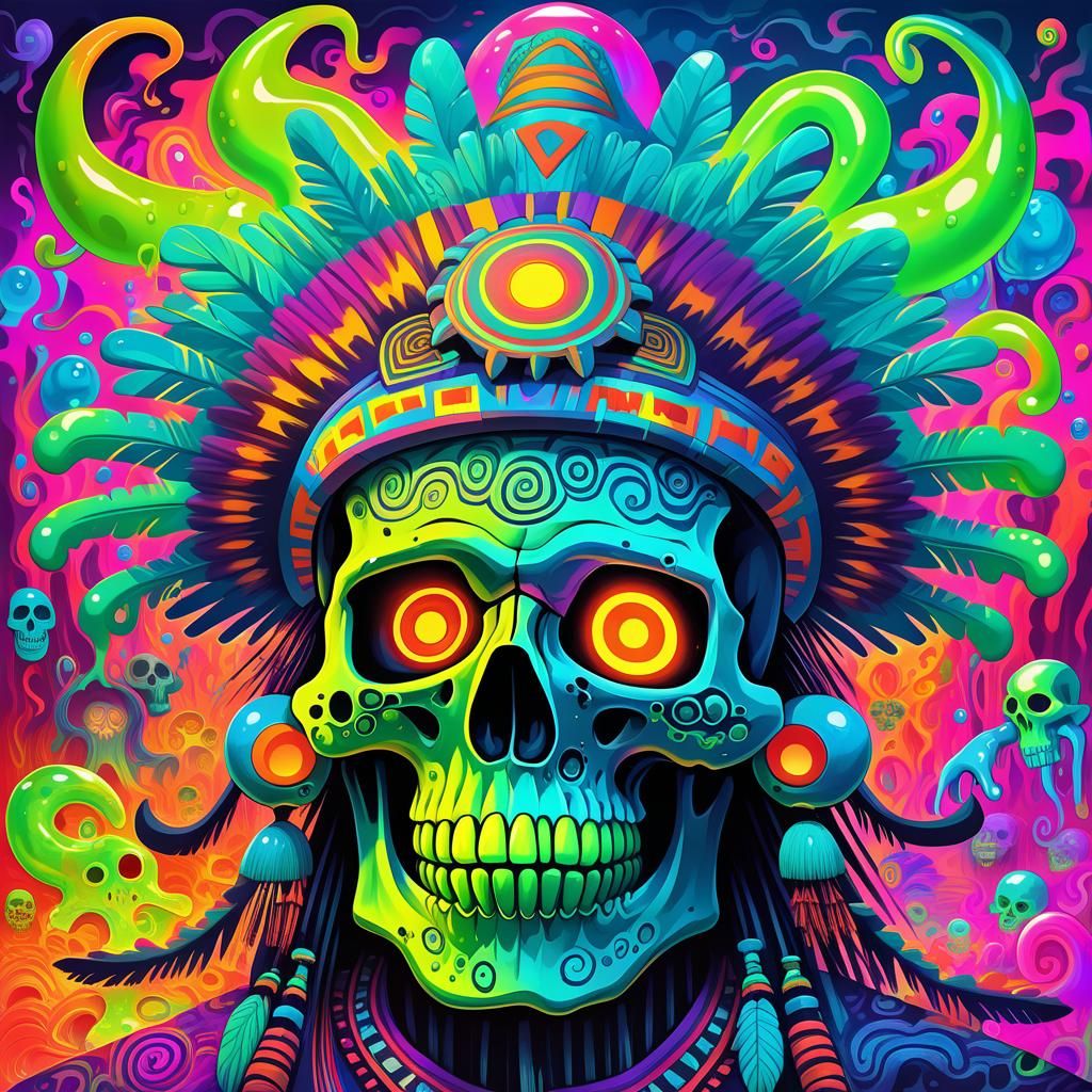 Psychedelic Aztec Skull Shaman Portrait with Neon Slime