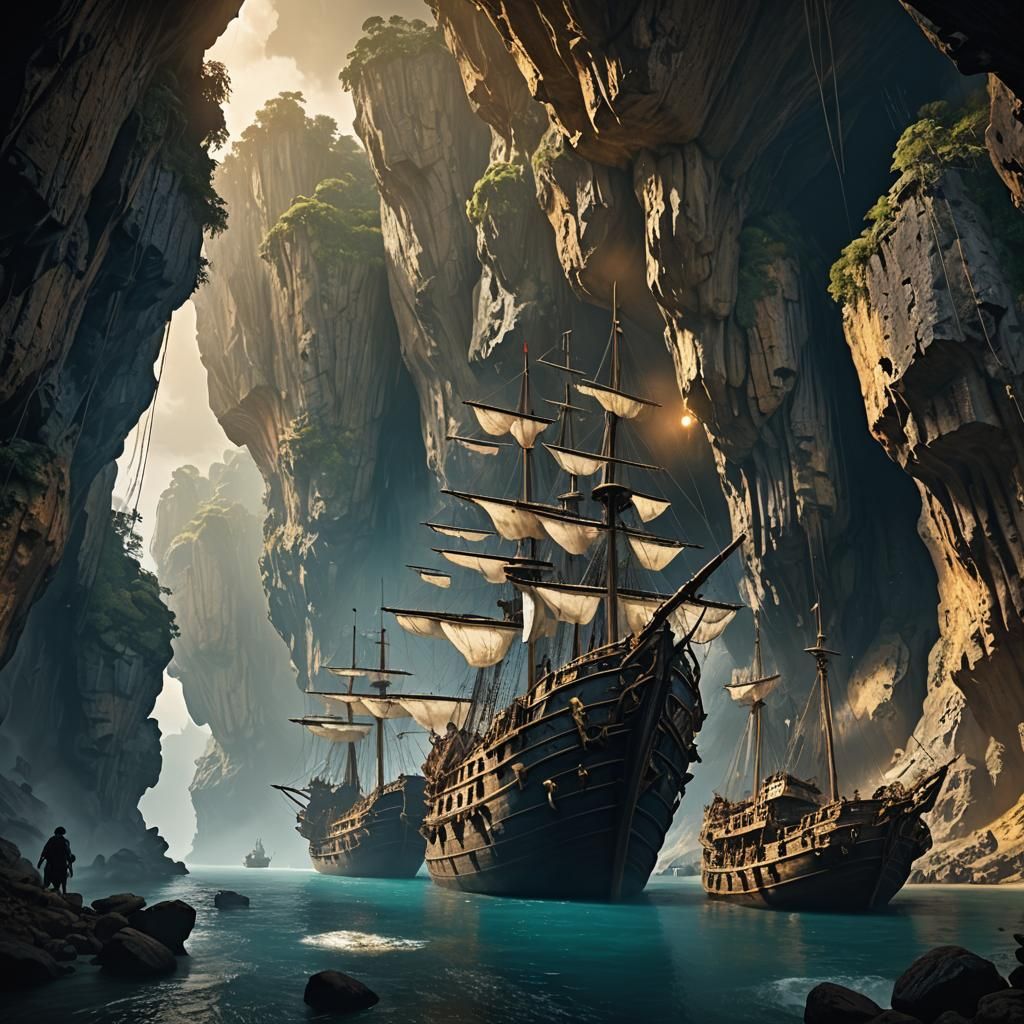 Pirate Ships in a Large Cave: Digital Matte Painting