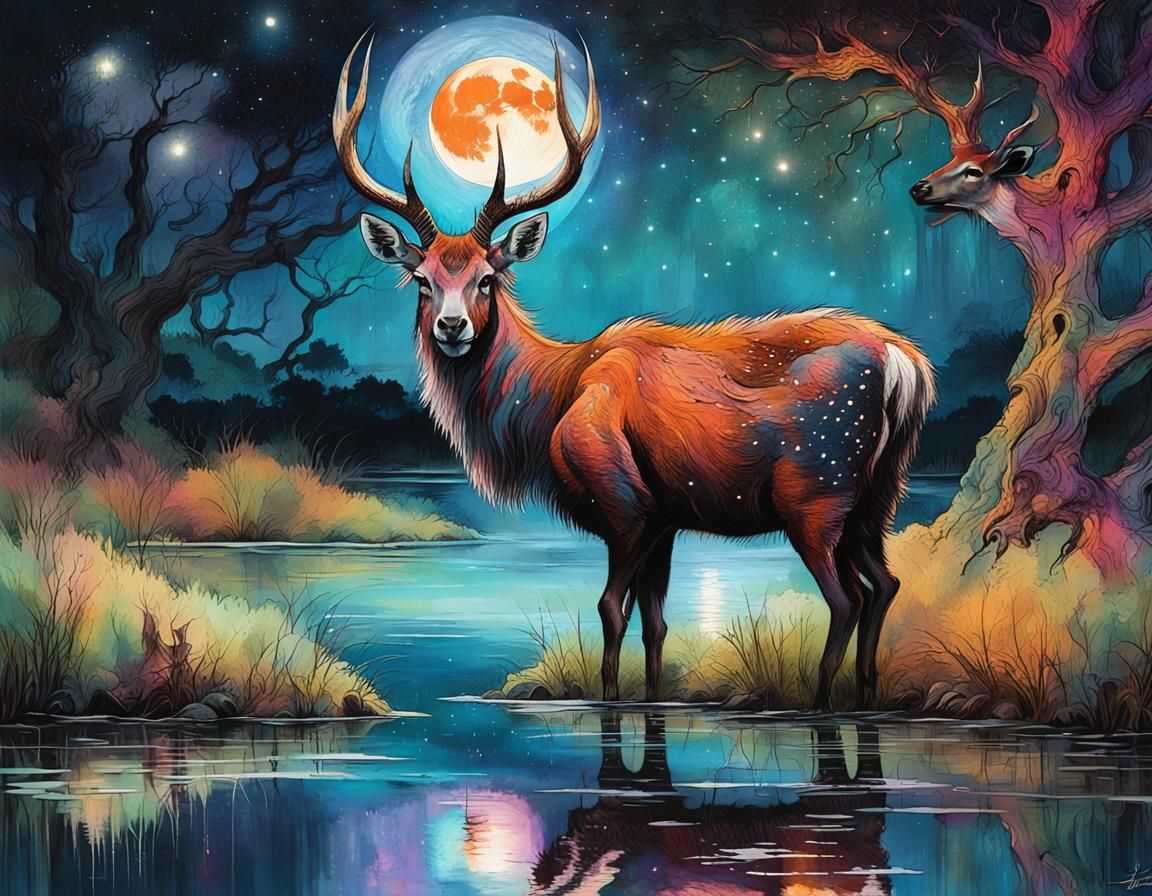 Sitatunga in Moonlit Ink Splatter Art