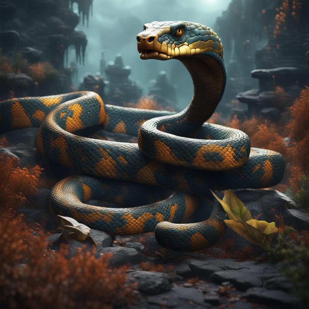 Detailed Snake Matte Painting in Deep Color
