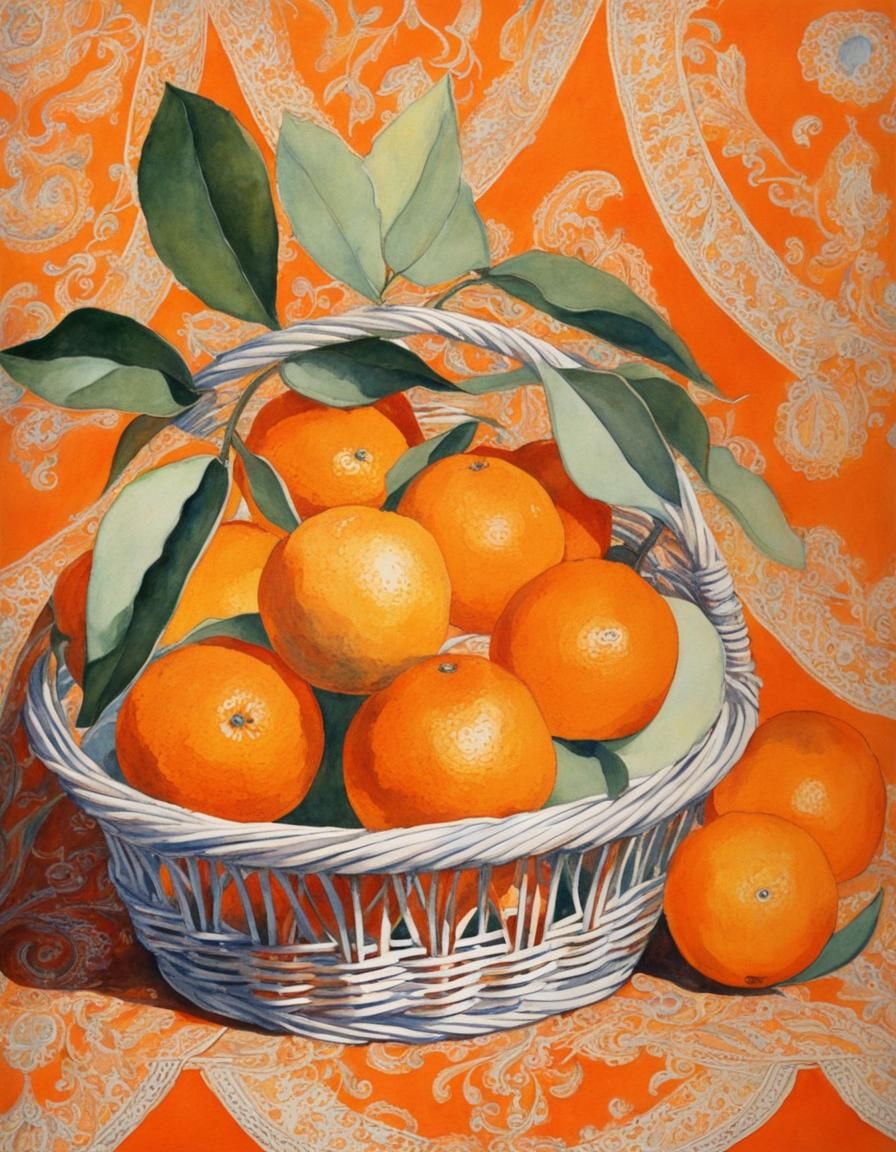 Vintage Oranges in a Basket, Paisley Tablecloth Watercolor