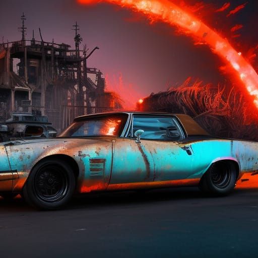 Steampunk Road Warrior Muscle Car with Rail Guns