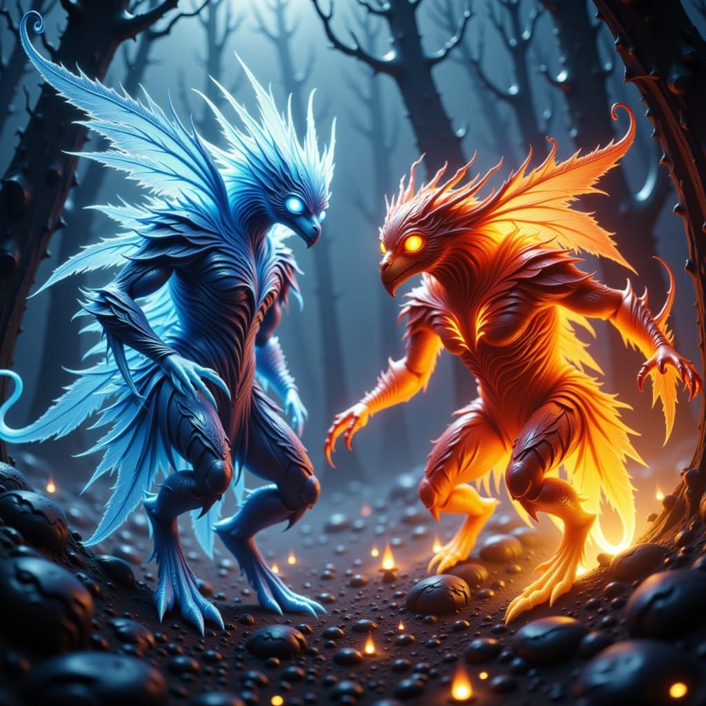 Ice vs Fire Creatures in Dystopian Neon Style