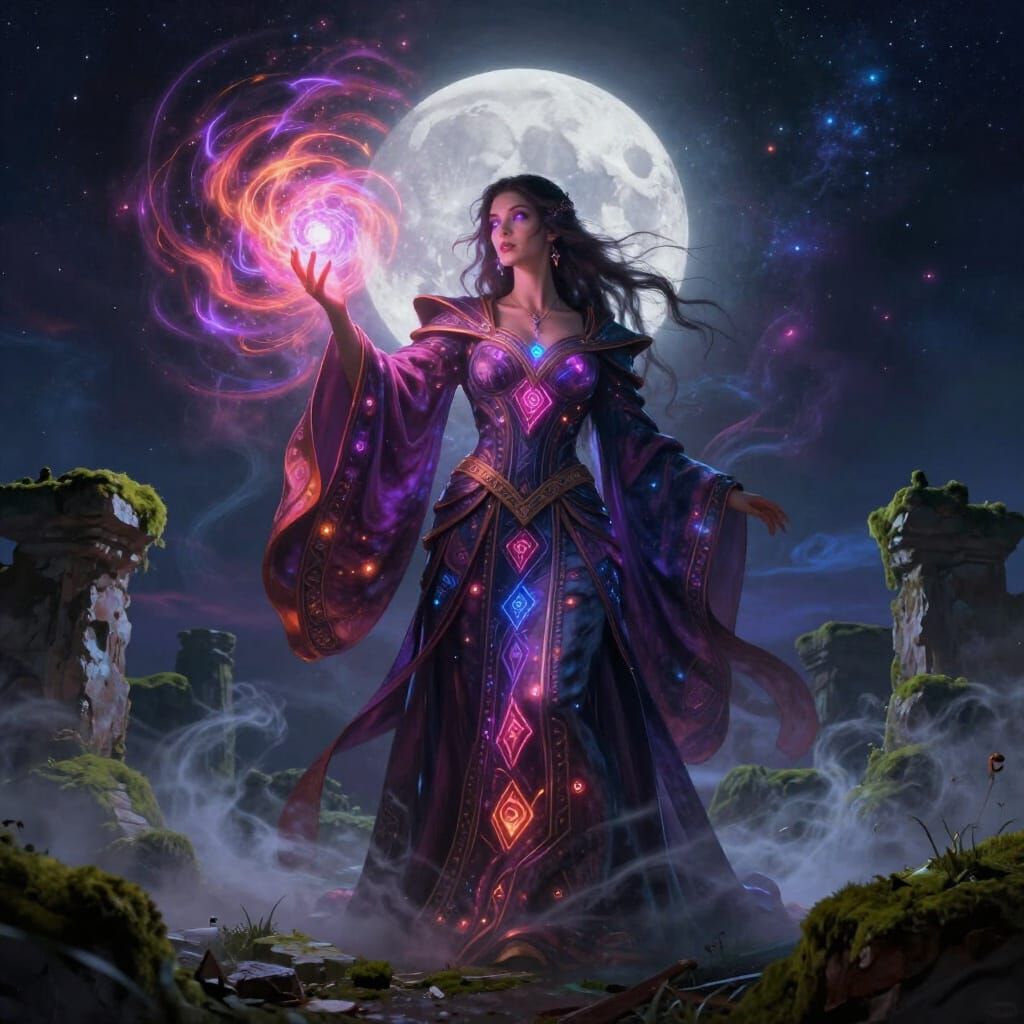 Female Sorceress Conjuring Magical Vortex in Ethereal Moonli...