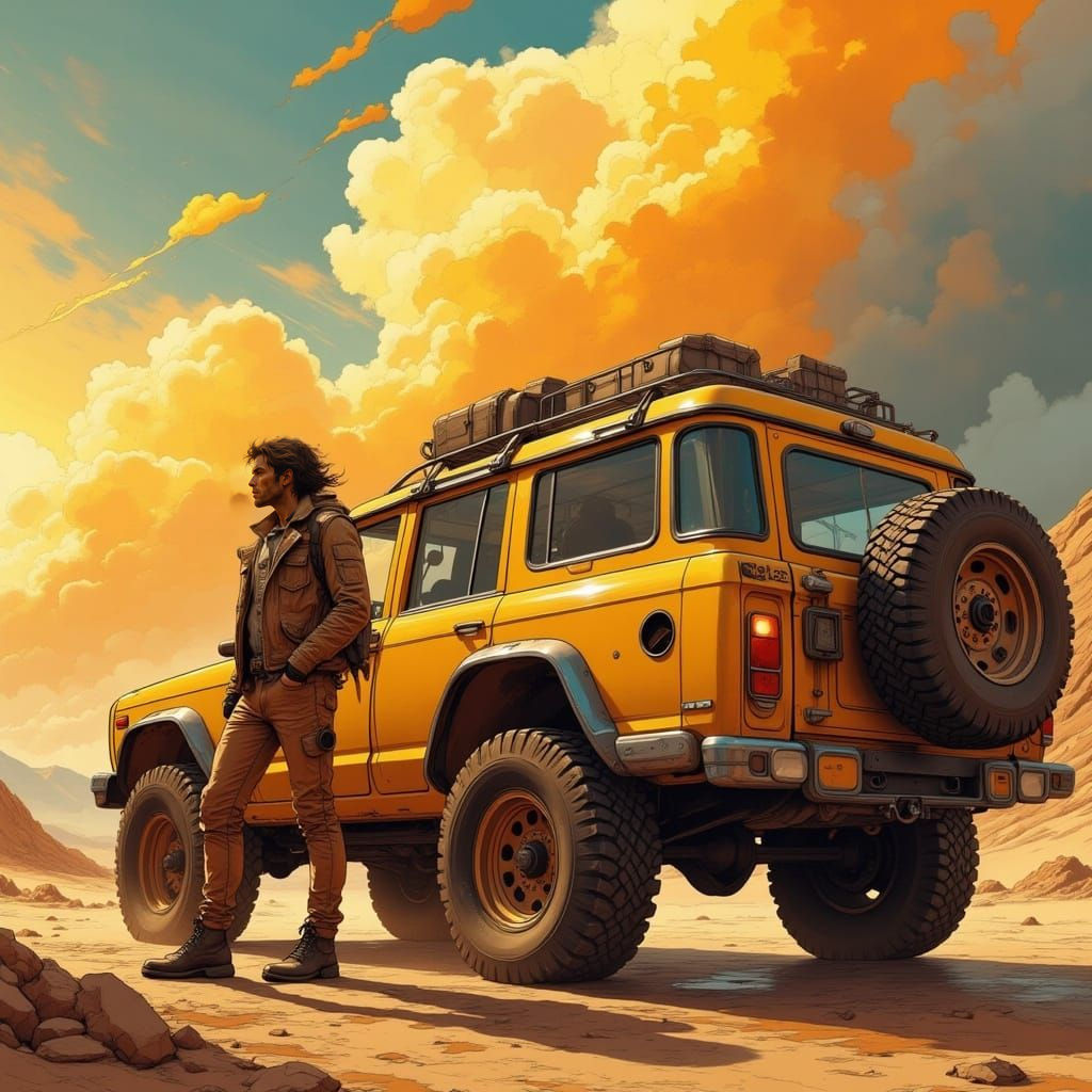 Adventurer and Jeep in Stormy Desert Landscape