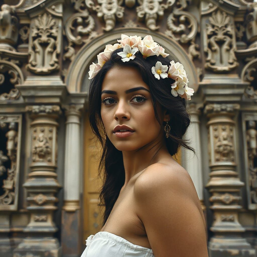 Dominican Woman in Flower-Adorned Hair at Temple