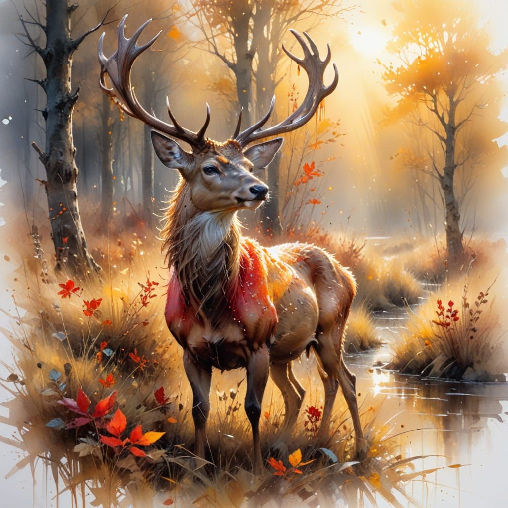 Playful Red Deer in Autumn Meadow at Dawn