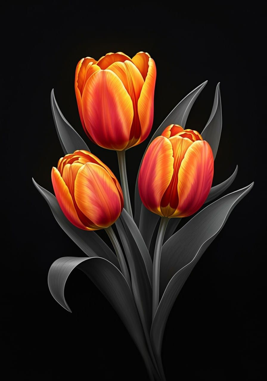 Vibrant Tulips Glow Against Monochromatic Gray Leaves