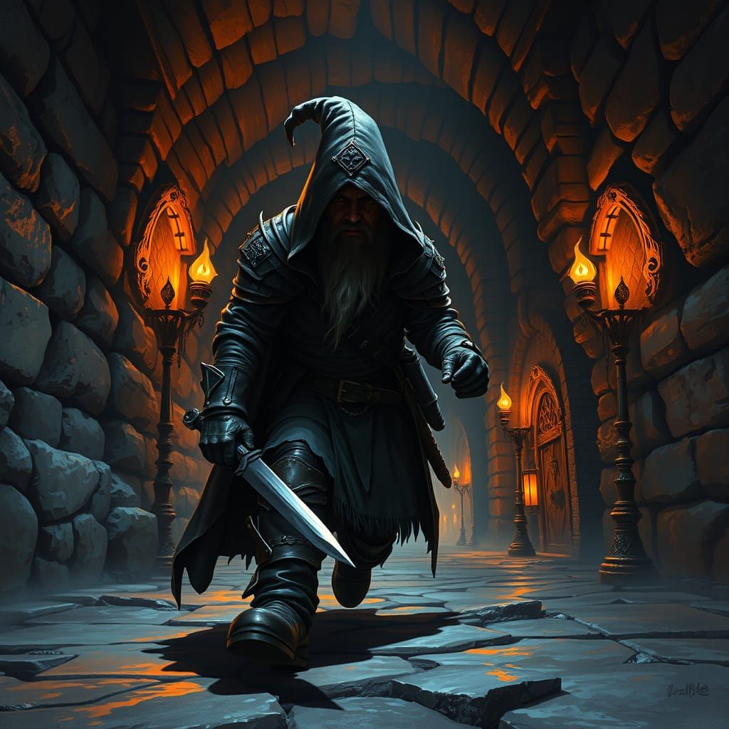 Stealthy Gnome Thief in Dark Medieval Dungeon