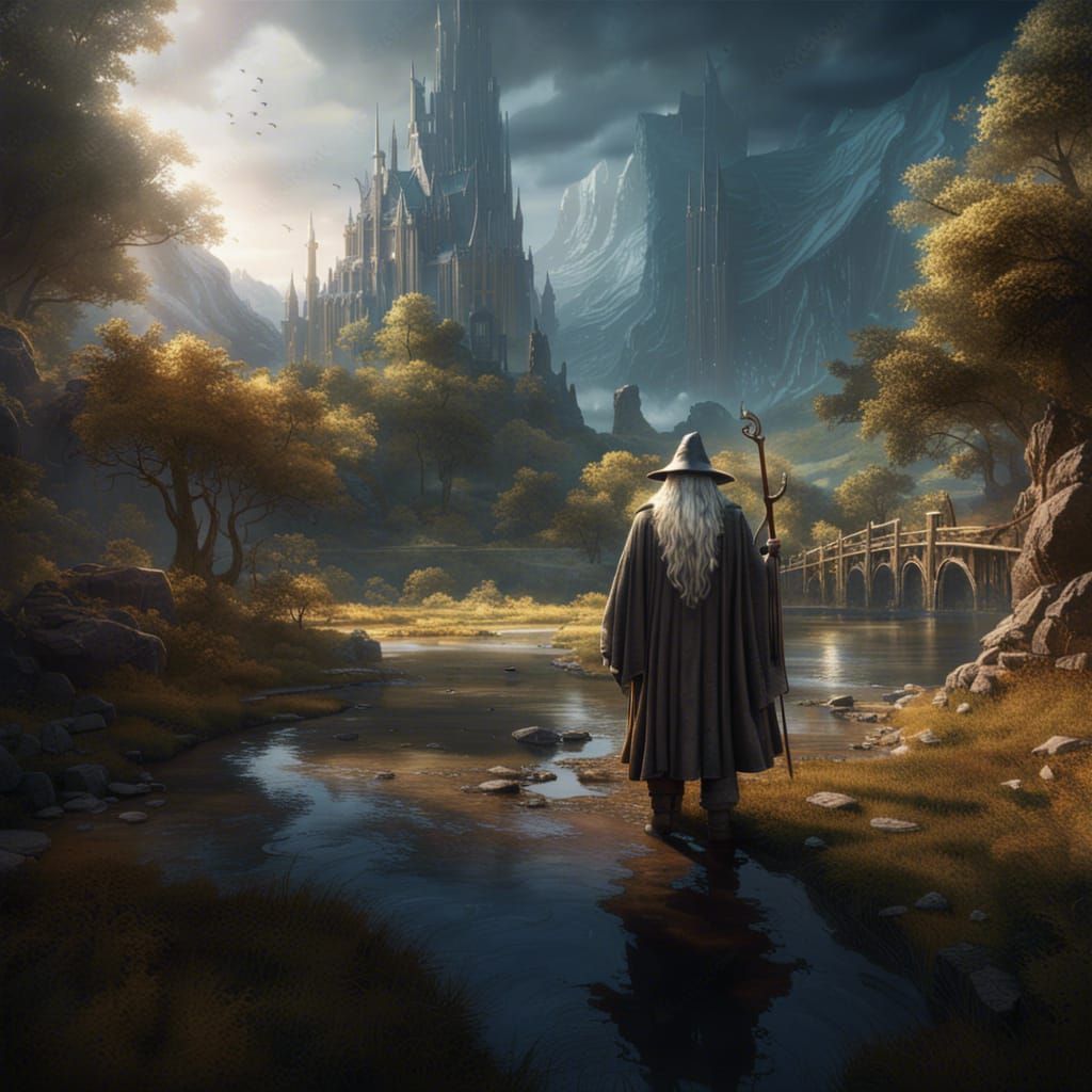 Gandalf Travels Middle Earth in Fantasy Landscape