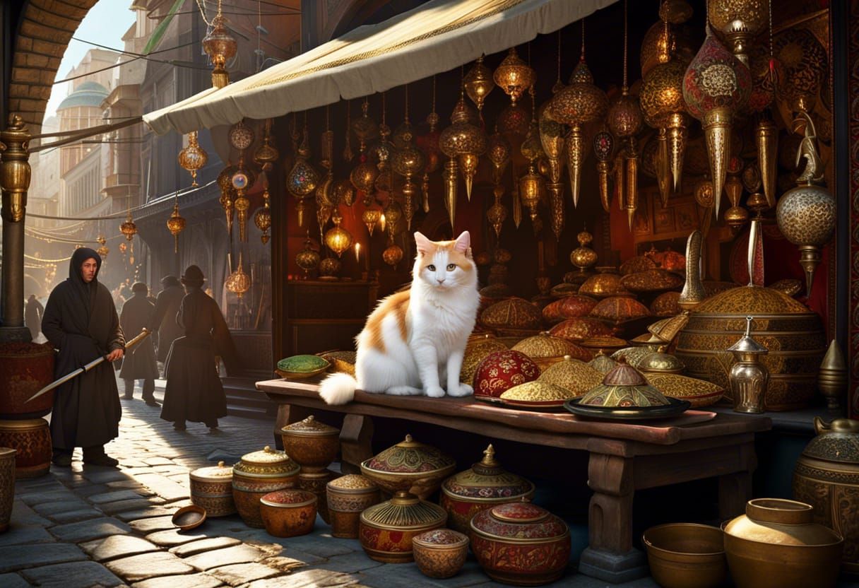 Ottoman Assassin in Grand Bazaar with Turkish Van Cat