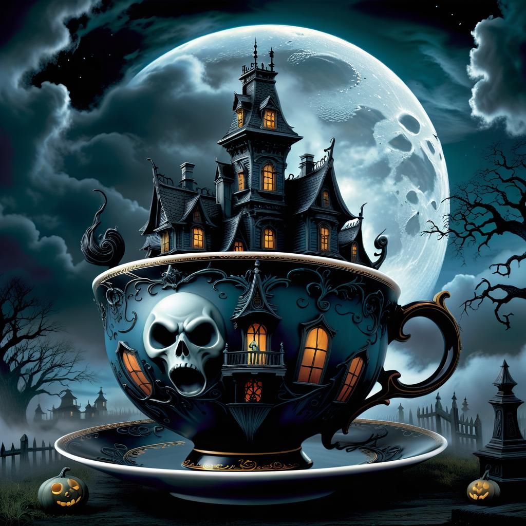 Haunted Teacup House in Dark Fantasy Style