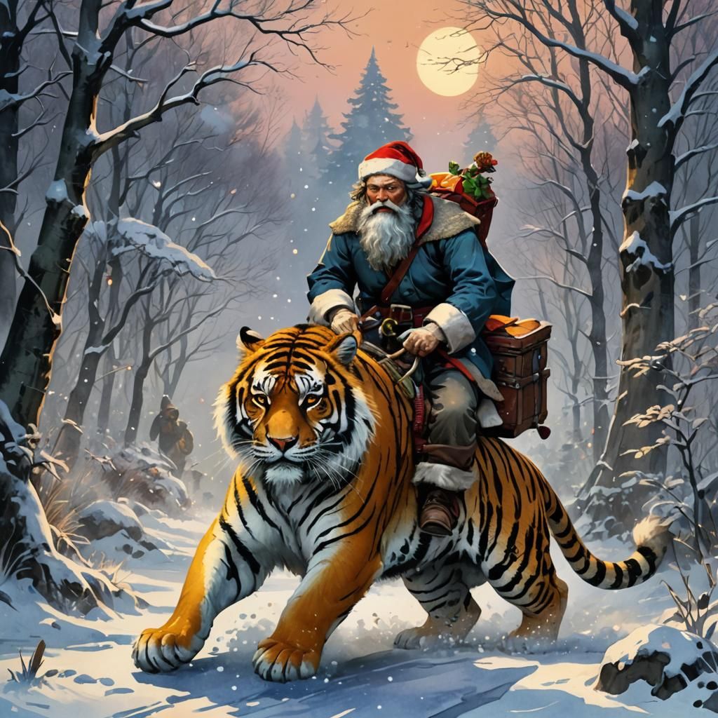 Santa Claus Rides a Tiger in Snow, Watercolor Art