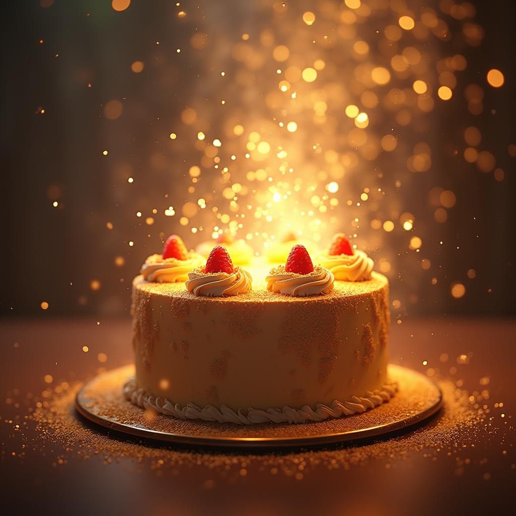 Fireworks and Cake on Gold Background