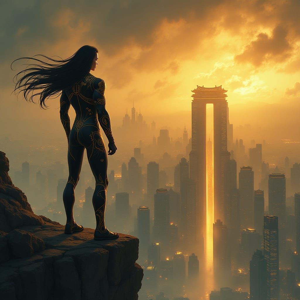 Anime Man Overlooking Futuristic Cityscape