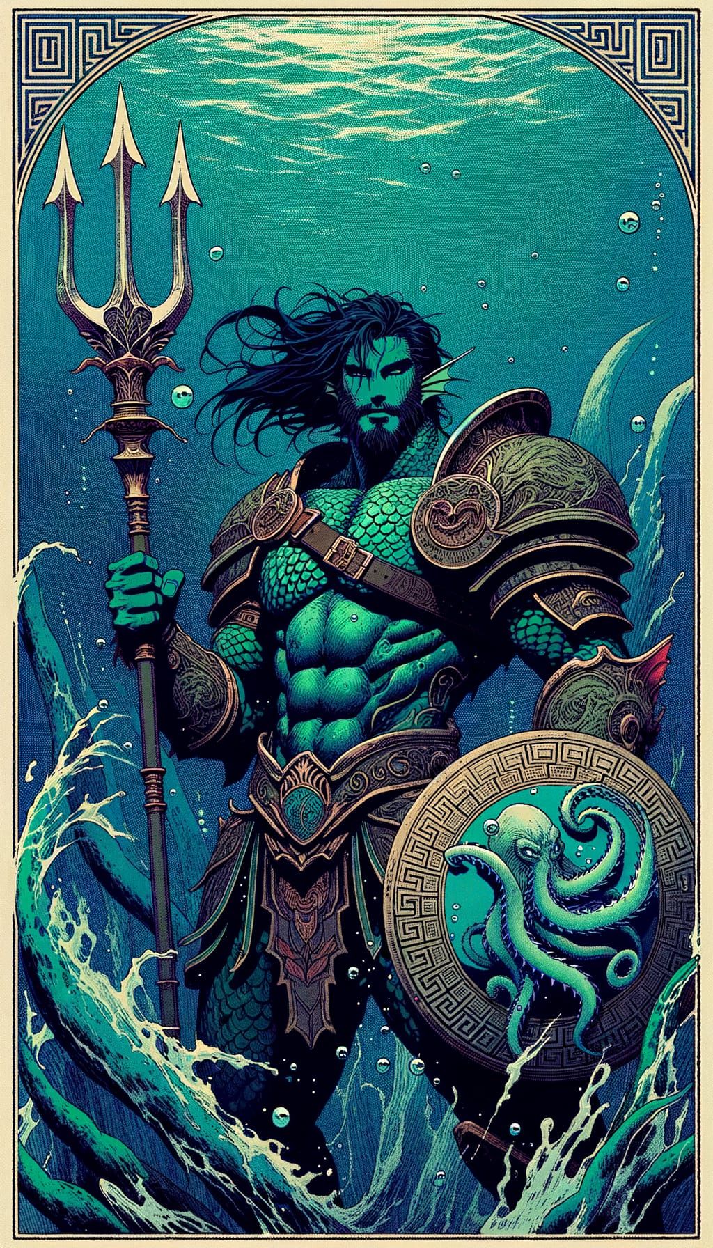 Manga-Inspired Triton Soldier Underwater Scene