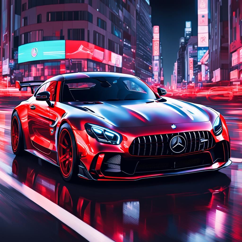 Mercedes GTR with Neon Lights in Cityscape