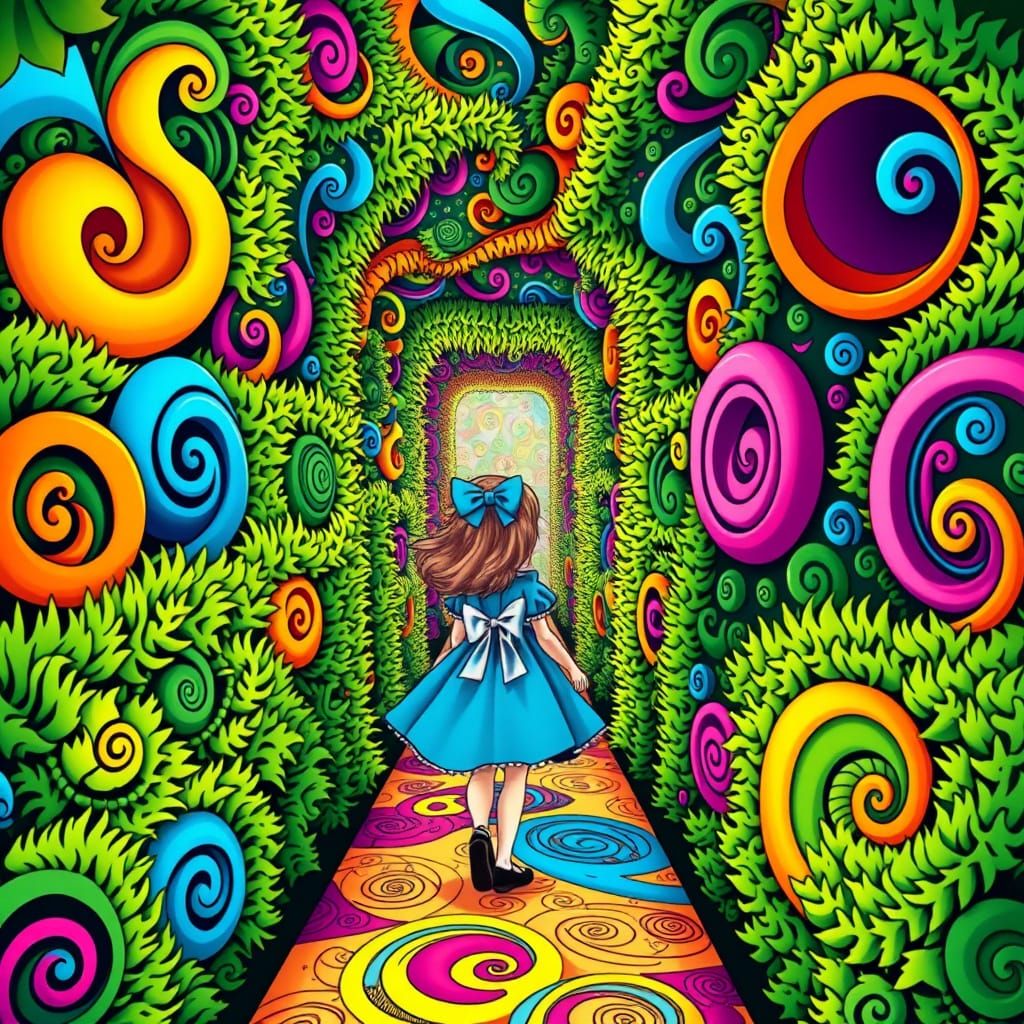 Whimsical Alice in Wonderland Maze in Vibrant Vector Art