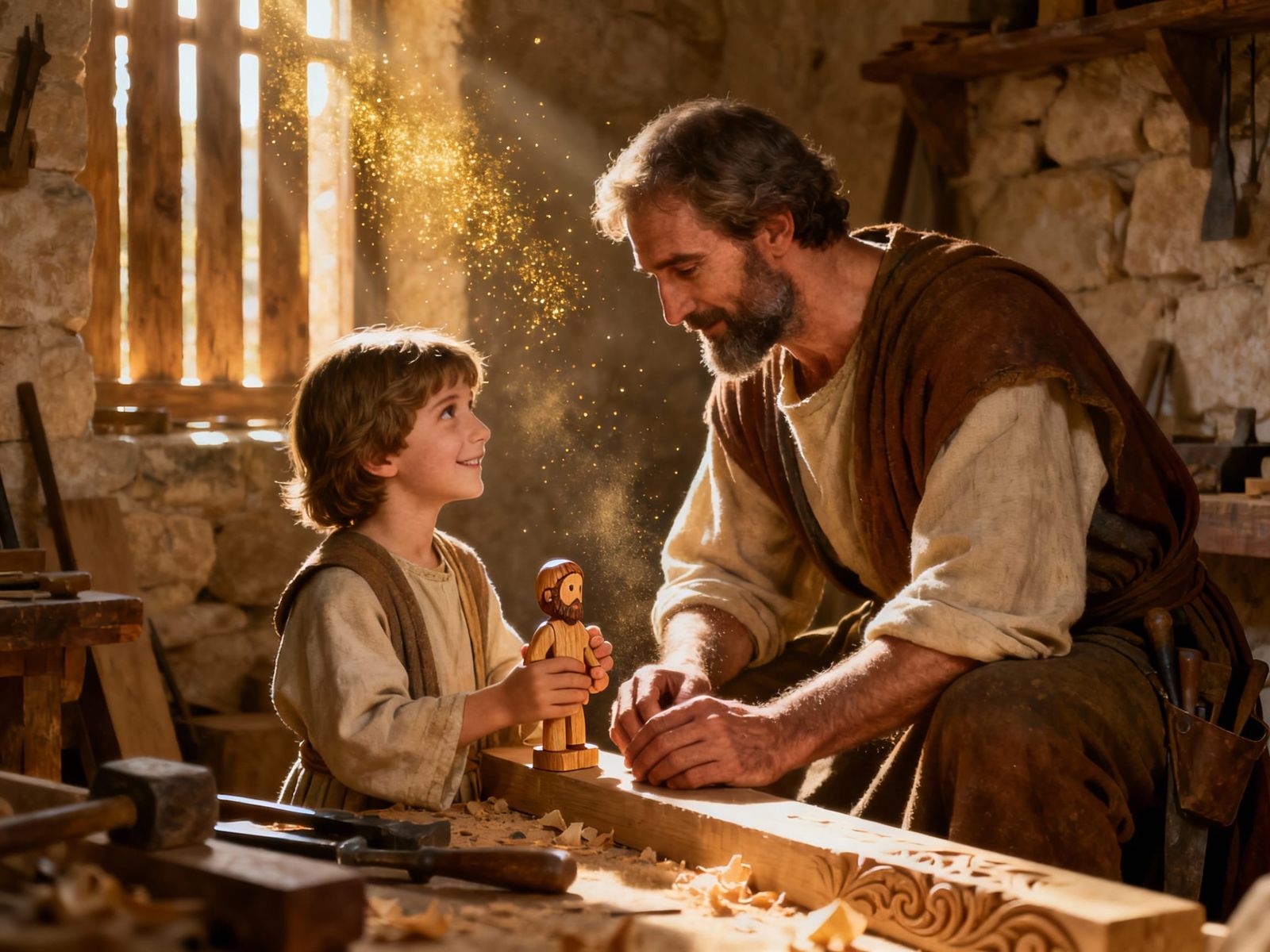 Humble St. Joseph and Boy Jesus in Nazareth Workshop