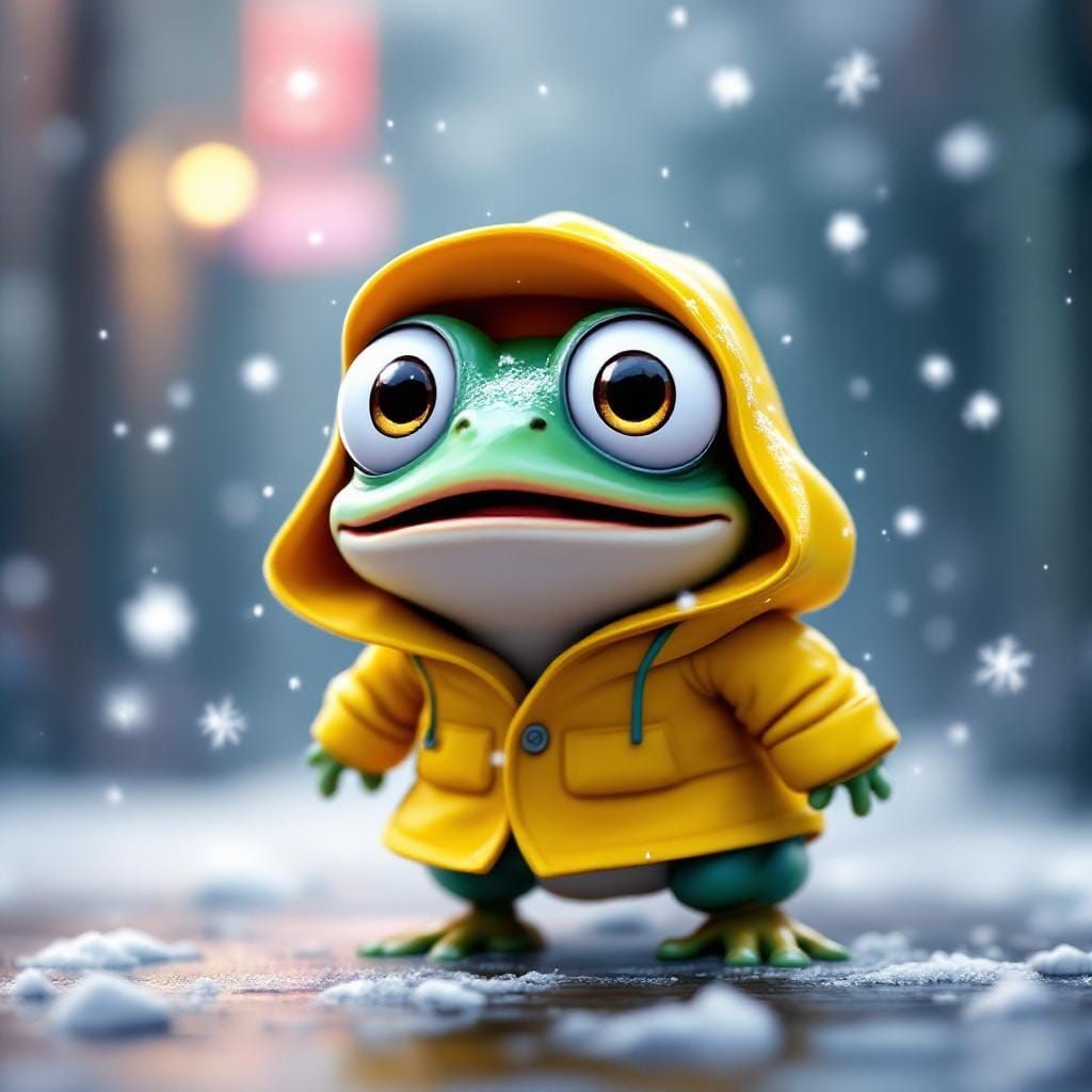 Chibi Frog in Snowstorm: Digital Cartoon Illustration