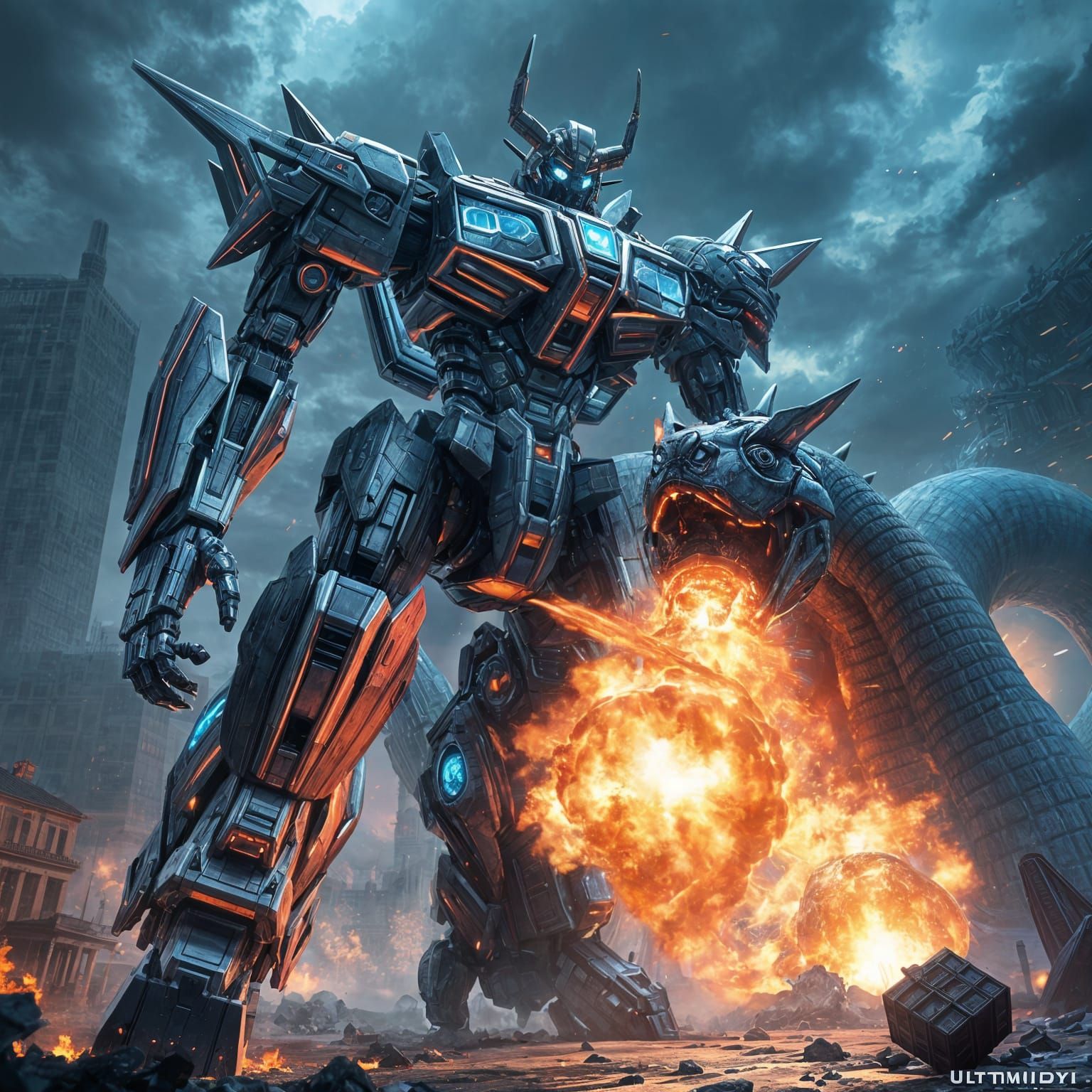 Epic Robot vs Monster Battle in Cyberpunk Style