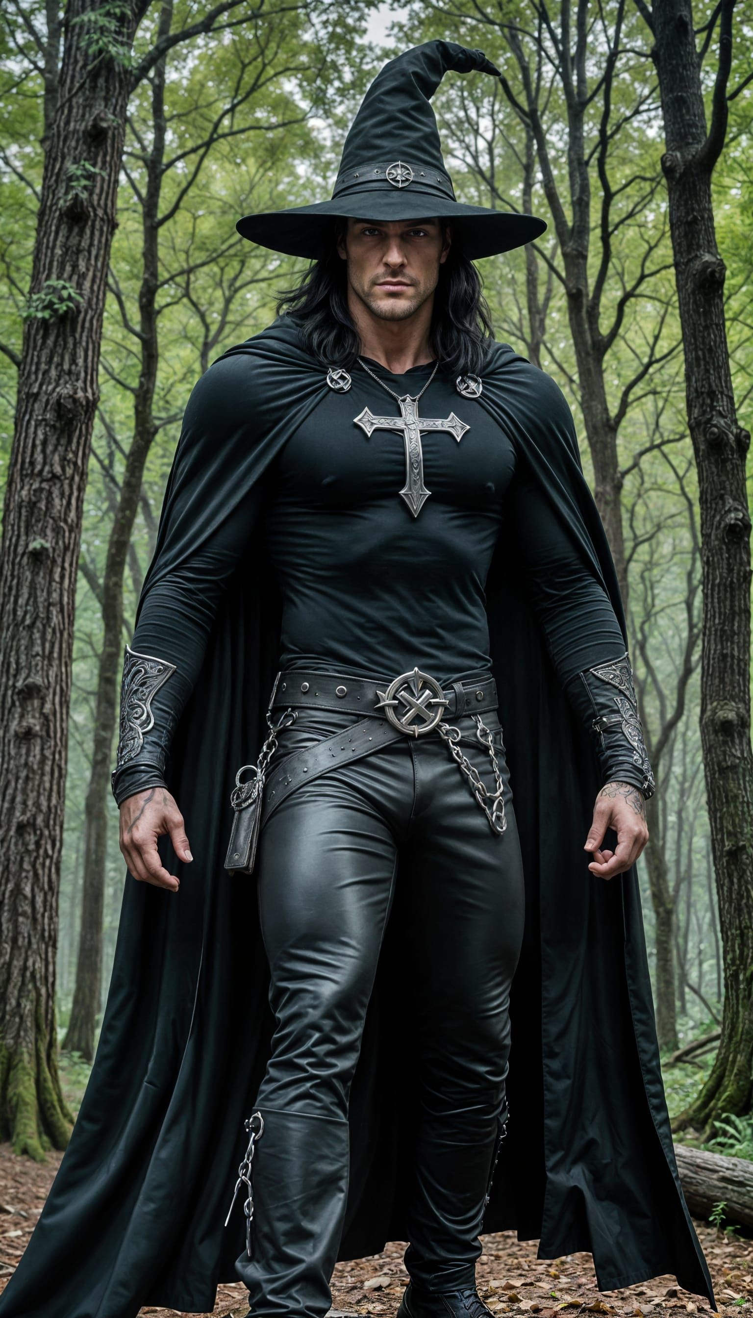 Handsome Male Witch Floating in Forest, Natural Art Style