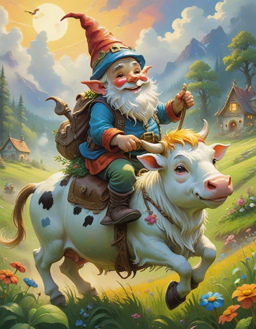 Gnome Rides Cow in Lush Meadow: Gouache Fantasy Art
