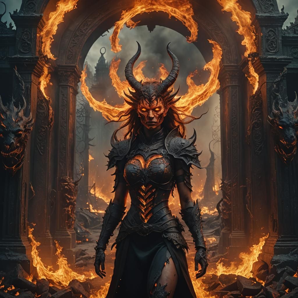 Young female Fire Demon standing outside the gates of Hell