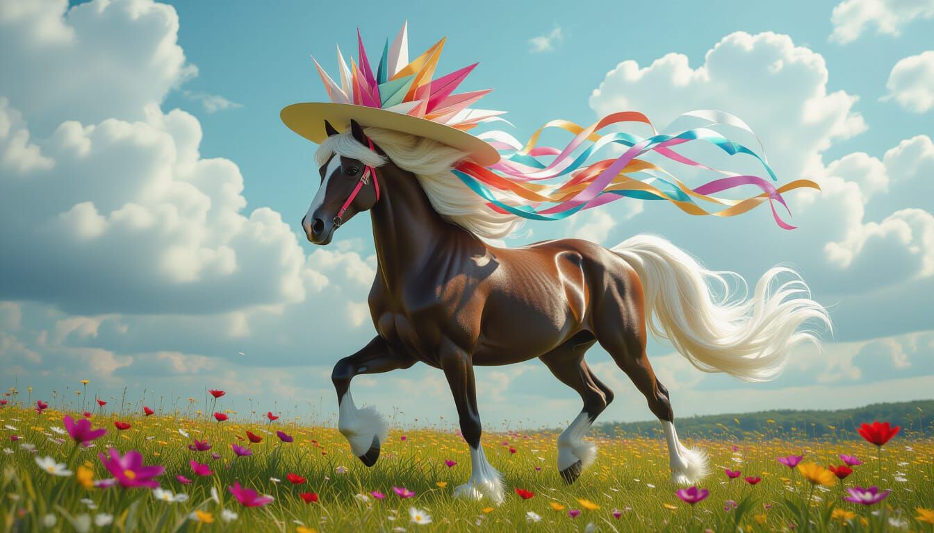 Majestic Horse With Silk Ribbon Mane and Origami Hat