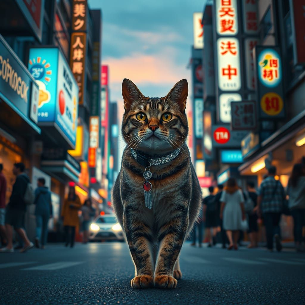 Elegant Cat Strolls Tokyo Neon Streets in Hyper-Realistic Ci...