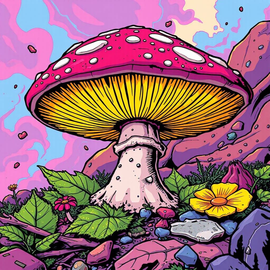 DC Comics Inspired Mushroom with Bold Lines and Bright Color...