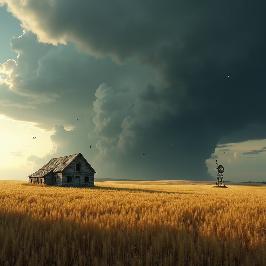 Wheatfield Farmhouse Under Approaching Storm, Cinematic Styl...