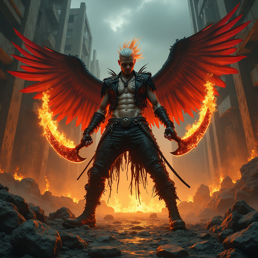 Albino Punk Wielding Flaming Blades in Comic Book Art