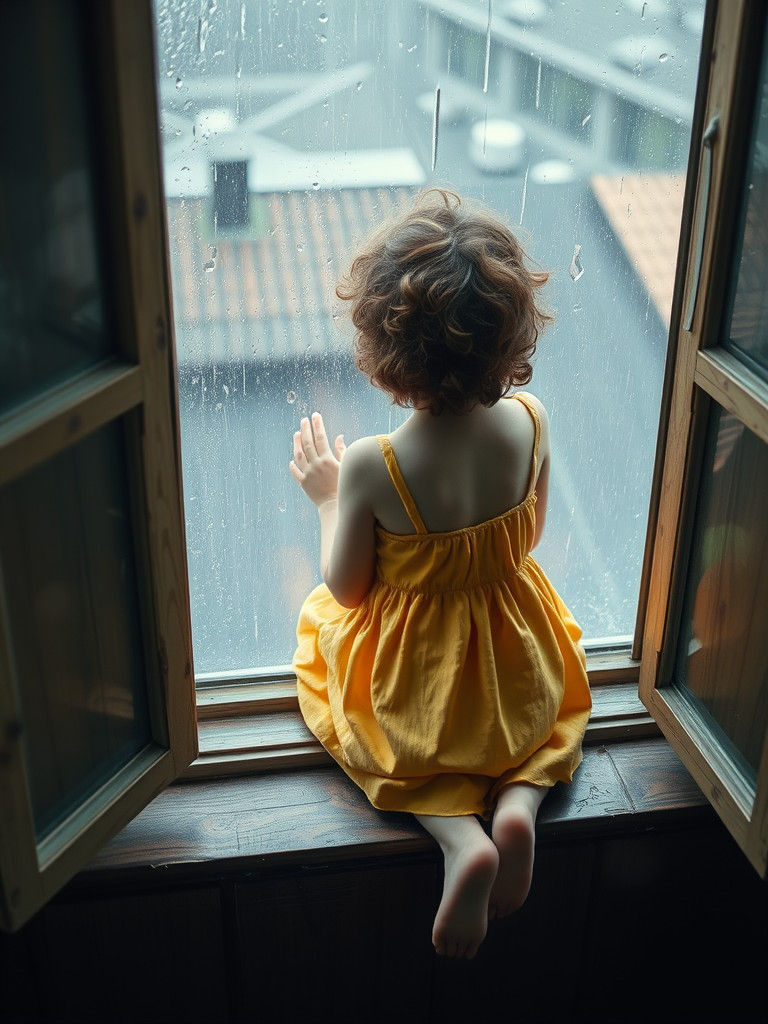 Girl Gazing Out Rainy Window in Ethereal Style